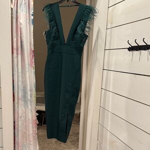 SHEIN Teal Backless Dress with Feather Detail